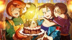 Rule 34 | 3girls, apron, birthday, birthday cake, blonde hair, blue eyes, blue jacket, braid, brown hair, cake, cammy white, cat, crop top, decapre, fireworks, food, green sweater, happy, happy birthday, highres, hug, hug from behind, jacket, juni (street fighter), multiple girls, official art, open mouth, oven mitts, scar, scar on face, short hair, smile, sparkler, street fighter, street fighter 6, street fighter iv (series), street fighter zero (series), sweater, teeth, turtleneck, turtleneck sweater, upper body, upper teeth only, yellow eyes