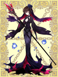 Rule 34 | 1girl, black dress, blue hat, breasts, brown hair, cleavage, dress, hat, holding, holding staff, kerberos blade, l (matador), long sleeves, looking at viewer, magic, medium breasts, red eyes, short hair, simple background, smile, solo, staff, standing, tilted headwear, wide sleeves, yellow background