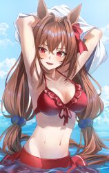 Rule 34 | 1girl, absurdres, animal ears, arm up, armpits, bikini, blush, bow, breasts, brown hair, chakuma (yiyh1468), cleavage, collarbone, commentary request, daiwa scarlet (trifle vacation) (umamusume), daiwa scarlet (umamusume), fang, groin, hair bow, hair intakes, highres, horse ears, horse girl, horse tail, long hair, looking to the side, medium breasts, navel, ocean, official alternate costume, official alternate hairstyle, open mouth, red bikini, red eyes, skirt, smile, solo, stomach, swimsuit, tail, umamusume, undressing, very long hair, water, wet