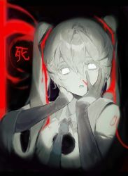 Rule 34 | 1girl, ambiguous red liquid, bare shoulders, black background, blood, blood on face, collared shirt, commentary, dark, detached sleeves, dripping, empty eyes, eyelashes, glowing, glowing eyes, hair between eyes, hair flowing over, hair ornament, hands on own chest, hands up, hatsune miku, highres, hole in chest, hole on body, kanji, looking at viewer, necktie, shirt, shoulder tattoo, simple background, solo, spot color, tattoo, translated, twintails, upper body, vocaloid, wp 0263
