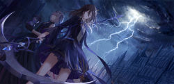 Rule 34 | 2girls, black dress, black hair, breasts, building, castle, circlet, cloud, cloudy sky, collared dress, dress, dutch angle, expressionless, floating hair, gold, hair between eyes, highres, holding, holding hourglass, holding scythe, hourglass, lightning, long hair, multiple girls, neck ribbon, original, outdoors, purple dress, purple eyes, purple ribbon, rain, ribbon, scythe, short hair, sidelocks, silver hair, sky, sleeveless, sleeveless dress, storm, water, weapon, wide sleeves, wind, xing muhen, yellow eyes