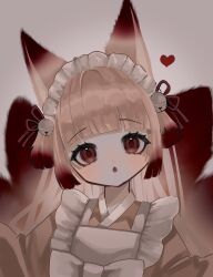Rule 34 | 1girl, animal ears, apron, bell, blunt bangs, blunt ends, blush, chestnut mouth, colored tips, fox ears, fox girl, fox tail, frilled apron, frills, hair bell, hair ornament, head tilt, heart, highres, japanese clothes, jingle bell, kimono, kitsune, long hair, looking at viewer, multicolored hair, multiple tails, original, red eyes, red hair, shiona (siona0625), sidelocks, solo, tail, upper body, white apron