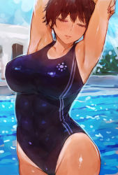Rule 34 | 1girl, armpits, arms behind head, arms up, blue sky, blush, breasts, brown hair, c.cu, closed eyes, commentary request, competition swimsuit, cowboy shot, day, facing viewer, hands up, large breasts, one-piece swimsuit, original, outdoors, parted lips, pool, purple one-piece swimsuit, sky, smile, solo, standing, swimsuit, tan, tanline, tomboy