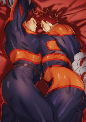 Rule 34 | 2boys, ass, bara, beard, blue eyes, bodysuit, boku no hero academia, covered erect nipples, endeavor (boku no hero academia), facial hair, feathers, highres, koooogasya, large pectorals, male focus, mature male, multiple boys, muscular, muscular male, mustache, pectoral docking, pectoral press, pectorals, red feathers, red hair, scar, selfcest, skin tight, spiked hair, symbol-only commentary, thick thighs, thighs, tight clothes, yaoi