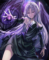 Rule 34 | 1girl, armpits, bare shoulders, black dress, breasts, commission, detached sleeves, dress, duel monster, feathered wings, feet out of frame, hand up, highres, long hair, magic, medium breasts, night wing sorceress, pointy ears, purple hair, revision, shouma (bravespiritya), skeb commission, solo, wings, yu-gi-oh!