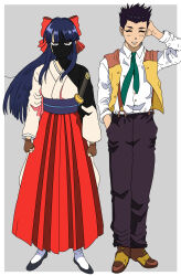 1boy 1girl angry arm_behind_head black_hair blue_hair bow breasts brown_eyes clenched_hands closed_eyes fingerless_gloves gloves hair_ribbon height_difference highres japanese_clothes legs long_skirt looking_at_viewer medium_breasts meme necktie oogami_ichirou pants parted_lips pointy_hair ponytail red_bow ribbon sakura_taisen sega shaded_face shinguuji_sakura skirt smile sword thighs weapon why_dis_ninja_look_so_mad_(meme)