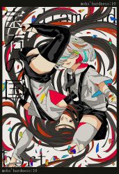 Rule 34 | 2others, amputee, androgynous, black border, black gloves, black hair, border, bort, character name, copyright name, diamond (houseki no kuni), elbow gloves, gloves, highres, houseki no kuni, long hair, looking at viewer, multiple others, other focus, short hair, short sleeves, thighhighs, tongue, tongue out, very long hair, white hair