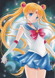 Rule 34 | 1girl, acrylic paint (medium), bad id, bad pixiv id, bishoujo senshi sailor moon, blonde hair, blue eyes, blue sailor collar, blue skirt, bow, bowtie, choker, collarbone, cowboy shot, double bun, earrings, elbow gloves, floating hair, gloves, hair bun, highres, holding, jewelry, long hair, looking at viewer, miniskirt, painting (medium), pleated skirt, pom77, red bow, red bowtie, sailor collar, sailor moon, sailor senshi uniform, shirt, skirt, sleeveless, sleeveless shirt, smile, solo, standing, star (symbol), star earrings, traditional media, twintails, very long hair, white gloves, white shirt