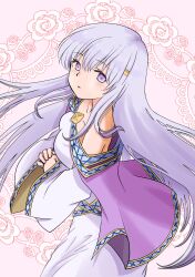 Rule 34 | 1girl, bare shoulders, breasts, cape, dress, fire emblem, fire emblem: genealogy of the holy war, floral background, highres, julia (fire emblem), kogeko0517, long hair, looking at viewer, nintendo, own hands clasped, own hands together, purple cape, purple eyes, purple hair, simple background, solo, wide sleeves