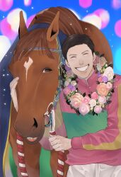 Rule 34 | 1boy, akiyama1107, black hair, bridle, closed eyes, commentary request, flower, flower request, garland (decoration), grin, headpat, highres, holding, horse, jockey, long sleeves, looking at viewer, real life, short hair, smile, t.m. opera o (racehorse), upper body, very short hair, wada ryuji
