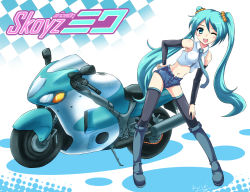 Rule 34 | 1girl, artist name, boots, character name, detached sleeves, hand on own hip, hatsune miku, knee boots, leaning forward, long hair, midriff, motor vehicle, motorcycle, navel, necktie, one eye closed, open mouth, ryusei (green aqua road), short shorts, shorts, solo, thighhighs, twintails, vehicle, very long hair, vocaloid, wink