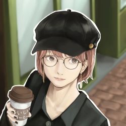 Rule 34 | 1girl, black hat, black nails, black shirt, brown eyes, cabbie hat, cup, disposable cup, earrings, glasses, hat, highres, jewelry, lips, makko (user kvud5535), nail polish, original, pink hair, shirt, short hair, solo, upper body