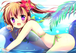 Rule 34 | 1girl, bad id, bad pixiv id, bikini, blush, bracelet, breasts, brown hair, cleavage, dolphin, flower, front-tie top, green bikini, hair flower, hair ornament, highres, inflatable toy, jewelry, llaoi h, long hair, looking at viewer, ocean, open mouth, original, purple eyes, riding, side-tie bikini bottom, solo, swimsuit, transparent, twintails, water