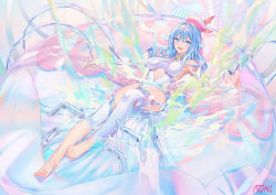 Rule 34 | 1girl, :d, armpits, atdan, bare shoulders, barefoot, blue eyes, blue hair, breasts, center opening, clothing cutout, feet, full body, haiyi, hat, jellyfish, long hair, looking at viewer, lying, medium breasts, on back, one-piece swimsuit, open mouth, outstretched arms, side cutout, smile, solo, swimsuit, synthesizer v, thighhighs, thighs, white one-piece swimsuit, white thighhighs