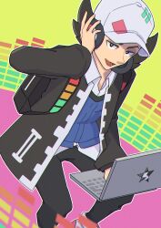 Rule 34 | 1boy, :d, baseball cap, black eyes, black pants, blue vest, bright pupils, collared shirt, commentary request, computer, creatures (company), game freak, giacomo (pokemon), hand up, hat, headphones, highres, jacket, laptop, long sleeves, lower teeth only, male focus, nintendo, open clothes, open jacket, open mouth, outline, pants, pokemon, pokemon sv, shirt, smile, solo, team star, teeth, tongue, vest, white hat, white pupils, white shirt, ya osakana