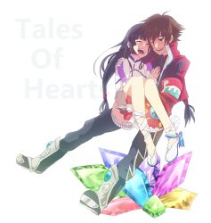 Rule 34 | 1boy, 1girl, ^ ^, bad id, bad pixiv id, black hair, boots, brown hair, carrying, closed eyes, coat, crystal, full body, happy, is2k331, kohaku hearts, kor meteor, long hair, low-tied long hair, one eye closed, pants, princess carry, shoes, shorts, simple background, smile, tales of (series), tales of hearts, white background, wink