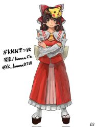 Rule 34 | 1girl, ascot, blush, bow, brown eyes, brown hair, closed mouth, commentary request, cookie (touhou), creatures (company), crossed arms, detached sleeves, expressionless, frilled bow, frilled hair tubes, frilled shirt collar, frilled skirt, frills, full body, game freak, gen 1 pokemon, gomibako (5zu4bi5tkssxkah), hair bow, hair tubes, hakurei reimu, highres, kanna (cookie), long hair, looking at viewer, mask, mask on head, nintendo, pikachu, platform footwear, pokemon, red bow, red shirt, red skirt, sandals, shirt, sidelocks, simple background, skirt, skirt set, sleeveless, sleeveless shirt, socks, solo, standing, tabi, touhou, white background, white sleeves, white socks, yellow ascot, zouri