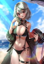 Rule 34 | :d, bare shoulders, beach, bikini, blush, braid, breasts, choker, cleavage, ear piercing, earrings, finger to mouth, highres, hololive, jacket, jacket partially removed, jewelry, large breasts, looking at viewer, multicolored hair, navel, open mouth, osechi (pixiv56606477), piercing, puffy sleeves, rainbow, red eyes, sakamata chloe, side-tie bikini bottom, smile, streaked hair, sunlight, swimsuit, thick thighs, thigh gap, thigh strap, thighs, virtual youtuber, white hair