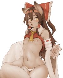 Rule 34 | 1girl, bare shoulders, blush, bow, breasts, brown eyes, brown hair, fang, furry, furry female, hair bow, hair ornament, hair tubes, hakurei reimu, hawthorn, highres, japanese clothes, long hair, looking at viewer, miko, navel, nipples, open mouth, panties, simple background, small breasts, solo, touhou, underwear, white background, white panties
