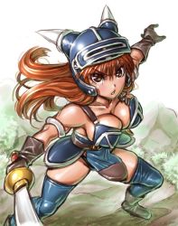 Rule 34 | 1girl, amania orz, armor, bare shoulders, bikini armor, breast press, breasts, cleavage, daisy (dq), dragon quest, dragon quest yuusha abel densetsu, female focus, large breasts, long hair, looking at viewer, serious, shiny clothes, shiny skin, skindentation, square enix, sword, thighhighs, weapon