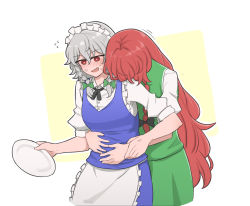 Rule 34 | 2girls, angry, apron, black ribbon, blue skirt, blue vest, blush, braid, breasts, green skirt, green vest, highres, holding another&#039;s arm, hong meiling, hug, izayoi sakuya, long hair, maid, maid headdress, mata (matasoup), multiple girls, neck ribbon, red eyes, red hair, ribbon, shirt, short hair, silver hair, skirt, small breasts, sweat, textless version, touhou, tray, twin braids, very long hair, vest, waist apron, waist grab, white shirt