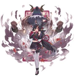 Rule 34 | 1girl, animal ears, arm up, autumn leaves, black hair, black skirt, brown eyes, clenched hands, detached sleeves, glowing, glowing eyes, hatotaurus (ookami mio), highres, hololive, horns, kazana (sakuto), midriff, navel, ookami mio, ookami mio (1st costume), pleated skirt, skirt, smoke, summoning, tail, tarot, thighhighs, virtual youtuber, white thighhighs, wolf ears, wolf girl, wolf tail