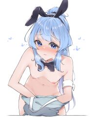 Rule 34 | 1girl, absurdres, airenif, alternate hairstyle, animal ears, armband, black bow, black bowtie, blue eyes, blue hair, blush, bow, bowtie, breasts, commentary, commentary typo, completely nude, detached collar, embarrassed, english commentary, fake animal ears, highres, hololive, hoshimachi suisei, long hair, looking at viewer, nipples, nude, parted lips, pointy breasts, ponytail, rabbit ears, small breasts, solo, star (symbol), star in eye, sweatdrop, symbol in eye, virtual youtuber, wing collar