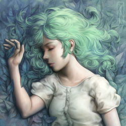 Rule 34 | 1girl, character request, copyright request, eyelashes, closed eyes, green hair, highres, kotikomori, leaf, lips, realistic, sleeping, solo