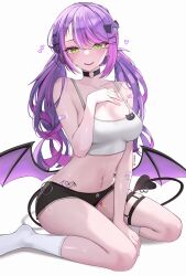Rule 34 | 1girl, absurdres, bare shoulders, black choker, black shorts, blush, breasts, choker, cleavage, collarbone, colored inner hair, crop top, demon tail, ear piercing, green eyes, hair ornament, hairclip, highres, hip tattoo, hololive, kkato, long hair, looking at viewer, low twintails, medium breasts, midriff, multicolored hair, navel, navel piercing, o-ring, o-ring choker, open mouth, piercing, pink hair, purple hair, shirt, short shorts, shorts, sitting, smile, socks, solo, streaked hair, tail, tail ornament, tail piercing, thigh strap, thighs, tokoyami towa, twintails, virtual youtuber, white background, white hair, white shirt, white socks