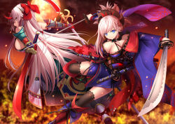 Rule 34 | 2girls, blue eyes, breasts, closed mouth, fate/grand order, fate (series), holding, holding sword, holding weapon, horns, japanese clothes, katana, large breasts, miyamoto musashi (fate), miyamoto musashi (third ascension) (fate), multiple girls, oni horns, red eyes, ribbon, scabbard, sheath, sideboob, silver hair, sword, tomoe gozen (fate), toshi (1-147), weapon