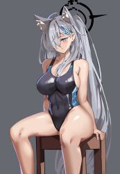 Rule 34 | 1girl, animal ear fluff, animal ears, black halo, black one-piece swimsuit, blue archive, blue eyes, breasts, chair, competition swimsuit, covered navel, cross hair ornament, dark halo, extra ears, feet out of frame, grey background, grey hair, hair ornament, hair over one eye, halo, highres, large breasts, long hair, low ponytail, mismatched pupils, multicolored clothes, multicolored swimsuit, one-piece swimsuit, shiroko (blue archive), shiroko (swimsuit) (blue archive), shiroko terror (blue archive), simple background, simplecar, sitting, solo, swimsuit, wolf ears