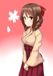 Rule 34 | 1girl, 30-06, bad id, bad pixiv id, bow, brown hair, cowboy shot, drill hair, gradient background, hair bow, hakama, hakama skirt, harukaze (kancolle), highres, japanese clothes, kantai collection, kimono, looking at viewer, meiji schoolgirl uniform, pink kimono, red background, red bow, red eyes, red hakama, skirt, smile, solo, twin drills