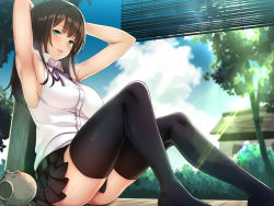 Rule 34 | 1girl, aqua eyes, armpits, arms behind head, arms up, black thighhighs, blurry, blush, breasts, brown hair, cloud, cloudy sky, day, depth of field, highres, large breasts, light rays, long hair, looking at viewer, original, porch, sideboob, sitting, sky, smile, solo, summer, thighhighs, umihal