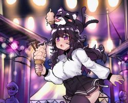 Rule 34 | 1girl, :o, animal, animal on head, bad id, bad twitter id, black hair, black skirt, black thighhighs, breasts, cat, cat on head, commentary, eating, english commentary, food, holding, ice cream, ice cream cone, large breasts, long hair, looking at viewer, messy hair, nyarla (osiimi), on head, original, osiimi, outdoors, panties, pleated skirt, purple eyes, purple hair, shirt, side-tie panties, side-tie peek, skirt, solo focus, standing, tail, tail wagging, thighhighs, underwear, white shirt