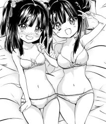 Rule 34 | 2girls, bell, blush, bra, breasts, fang, greyscale, hair bell, hair ornament, jashin-chan dropkick, kyon-kyon (jashin-chan dropkick), large breasts, looking at viewer, monochrome, multiple girls, navel, open mouth, panties, ran-ran, small breasts, smile, underwear, v