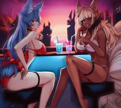 Rule 34 | 2girls, animal ear fluff, animal ears, artist name, bare arms, bare shoulders, bikini, black choker, black sclera, blue eyes, blue hair, blunt bangs, breasts, choker, colored sclera, commentary, commission, cup, dark-skinned female, dark skin, drinking glass, drinking straw, ehrrr, elbow rest, english commentary, facial mark, fox ears, fox girl, fox tail, horns, large breasts, long hair, looking at viewer, low-tied long hair, multiple girls, multiple tails, o-ring, o-ring bikini, one eye closed, original, parted lips, platinum blonde hair, red bikini, red eyes, sitting, slit pupils, smile, swimsuit, tail, thigh strap, very long hair, whisker markings, white bikini