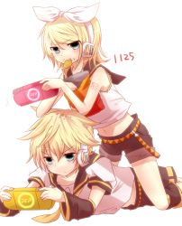Rule 34 | 1boy, 1girl, aqua eyes, bad id, bad pixiv id, blonde hair, brother and sister, chips (food), crumbs, food, hair ornament, hair ribbon, hairclip, handheld game console, headphones, kagamine len, kagamine rin, lying, monako, mouth hold, on stomach, playing games, playstation portable, ribbon, short hair, shorts, siblings, simple background, twins, vocaloid