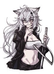 Rule 34 | 1girl, absurdres, ahoge, animal ear fluff, animal ears, arknights, bandeau, black jacket, black pants, bleeding, blood, blood on face, breasts, cleavage, collarbone, collared jacket, cowboy shot, cropped legs, cuts, film grain, fingerless gloves, gloves, grey hair, grin, groin, hair between eyes, hair ornament, hairclip, hands up, highres, holding, holding sword, holding weapon, injury, jacket, lappland (arknights), layered sleeves, long hair, long sleeves, looking at viewer, medium breasts, messy hair, midriff, navel, open clothes, open jacket, pale skin, pants, parted lips, petra57215, popped collar, scar, scar across eye, scar on face, short over long sleeves, short sleeves, simple background, single glove, smile, solo, standing, stomach, strapless, sword, teeth, tube top, very long hair, weapon, white background, white bandeau, white gloves, white tube top, wolf ears, wolf girl, yellow eyes, zipper