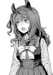 Rule 34 | 1girl, animal ears, arms at sides, bacius, breasts, commentary request, greyscale, hair ornament, highres, horse ears, king halo (umamusume), looking to the side, medium breasts, medium hair, monochrome, open mouth, ribbon, scared, school uniform, simple background, solo, tracen school uniform, umamusume, white background