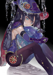 Rule 34 | 1girl, asymmetrical bangs, black gloves, black hair, black pantyhose, blue capelet, blue hat, blue leotard, blue sleeves, capelet, detached sleeves, elbow gloves, genshin impact, gloves, green eyes, hair ornament, hat, head rest, highres, hugging object, knees up, leotard, long hair, looking at viewer, mona (genshin impact), orb, pantyhose, rilia (kory1611), sitting, solo, star (symbol), star hair ornament, thighlet, thighs, twintails, water, wet, witch hat