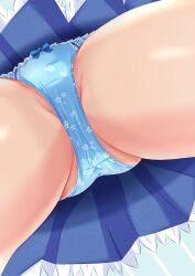 Rule 34 | 1girl, absurdres, blue panties, blue skirt, borrowed character, bow, bow panties, close-up, commentary request, commission, crotch, crotch seam, faltnep tsukasa, from below, highres, lace, lace-trimmed panties, lace trim, original, panties, partial commentary, pleated skirt, print panties, sakuramon, shironagasu kujira, skeb commission, skirt, solo, underwear, upskirt