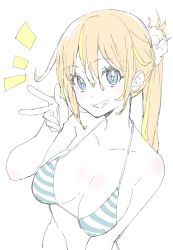 Rule 34 | 1girl, absurdres, bad id, bad twitter id, bare arms, bare shoulders, bikini, blue bikini, blue eyes, breasts, donguri suzume, grin, hair between eyes, hand up, highres, long hair, looking at viewer, medium breasts, multicolored hair, orange hair, ponytail, simple background, smile, solo, streaked hair, striped bikini, striped clothes, swimsuit, upper body, w, white background