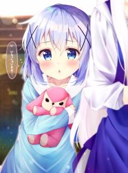 Rule 34 | 2girls, aged down, apron, blue eyes, blue hair, blurry, blush, chestnut mouth, commentary, depth of field, door, dress, flying sweatdrops, gochuumon wa usagi desu ka?, hair ornament, highres, holding, holding stuffed toy, indoors, kafuu chino, kafuu chino&#039;s mother, lens flare, long hair, long sleeves, looking at viewer, mother and daughter, multiple girls, open mouth, out of frame, rouka (akatyann), sailor dress, solo focus, speech bubble, stuffed animal, stuffed rabbit, stuffed toy, translated, uniform, white hair, x hair ornament