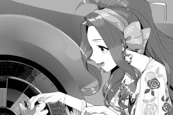 Rule 34 | 1girl, bracelet, cat, commentary request, dress, earrings, floral print, greyscale, hairband, hitoto, idolmaster, idolmaster million live!, jewelry, jukebox, long hair, monochrome, nikaidou chizuru, open mouth, headpat, ponytail, smile, solo, very long hair