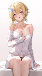 Rule 34 | 1girl, black panties, blonde hair, blush, breasts, cleavage, collarbone, flower, genshin impact, hair between eyes, hair flower, hair ornament, head tilt, highres, looking at viewer, lumine (genshin impact), lunacle, medium breasts, naked shirt, no bra, off shoulder, open clothes, open mouth, open shirt, panties, panty peek, shirt, shirt grab, shirt partially removed, short hair with long locks, simple background, sitting, solo, underwear, white background, white shirt, yellow eyes
