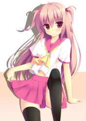 Rule 34 | 1girl, bad id, bad pixiv id, black thighhighs, blush, hair bobbles, hair ornament, leg up, long hair, looking at viewer, megarisu, original, pink hair, red eyes, school uniform, serafuku, shadow, short twintails, skirt, skirt hold, solo, thighhighs, twintails, two side up