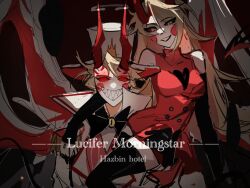 Rule 34 | 1boy, 1girl, black thighhighs, blacktea766, blonde hair, blush stickers, charlie morningstar, demon, demon boy, demon girl, demon horns, demon tail, demon wings, dress, evil grin, evil smile, father and daughter, formal, grin, hair slicked back, hazbin hotel, highres, horns, long hair, looking at viewer, lucifer morningstar (hazbin hotel), red dress, sharp teeth, smile, suit, tail, teeth, thighhighs, white headwear, wings