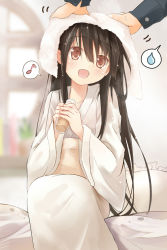 Rule 34 | 1girl, black hair, bottle, brown eyes, drying, drying hair, efe, female focus, houraisan kaguya, japanese clothes, kimono, long hair, musical note, open mouth, quaver, revision, sitting, smile, solo, speech bubble, spoken musical note, spoken sweatdrop, sweatdrop, touhou, towel