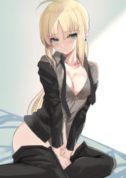 Rule 34 | 1girl, ahoge, artoria pendragon (all), artoria pendragon (fate), between legs, black jacket, black necktie, blonde hair, blush, closed mouth, clothes pull, collared shirt, fate/zero, fate (series), green eyes, grey shirt, hand between legs, jacket, kesoshirou, long hair, long sleeves, looking at viewer, necktie, pants, pants pull, ponytail, saber (fate), shirt, sitting, solo, undone necktie, wing collar