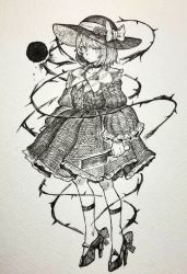 Rule 34 | 1girl, bow, closed mouth, flower, full body, greyscale, hat, hat bow, hat flower, high heels, highres, holding, holding knife, knife, komeiji koishi, long sleeves, looking at viewer, mashimashi, monochrome, short hair, solo, standing, third eye, thorns, touhou, traditional media, wide sleeves